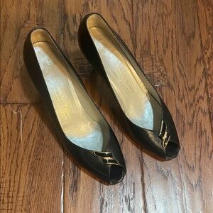 Bruno Magli Black Peep-Toe Heels with Gold Detail